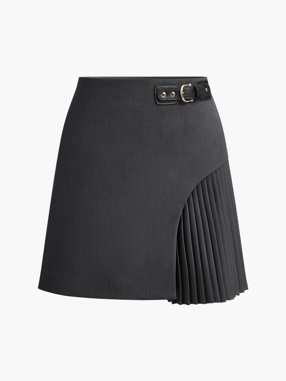 Commense Charcoal Side Pleated Buckle Belted Skirt NWOT
